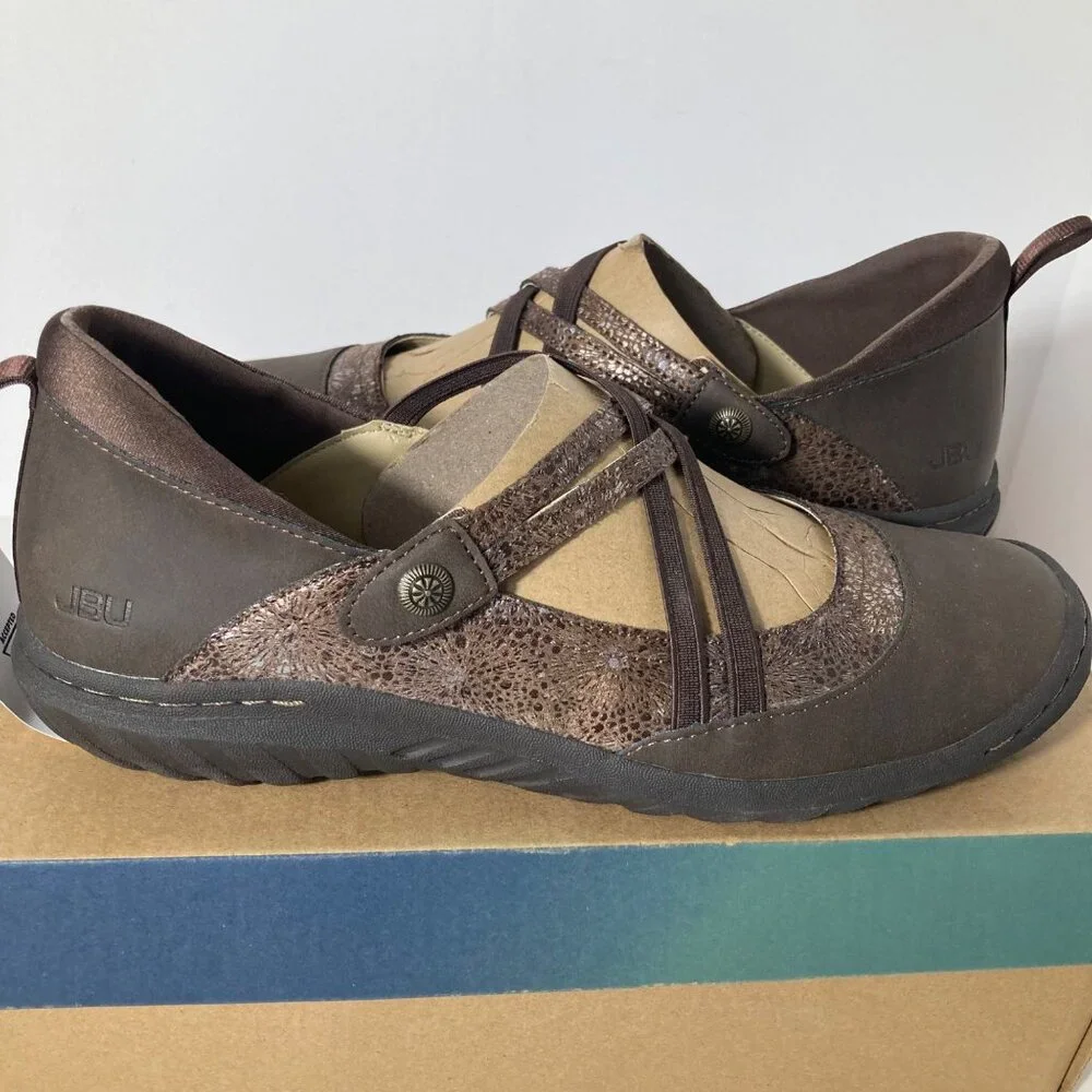 Womens JBU Rome Maryjane Shoe Flats Leather Textile Brown Print 9.5 NIB